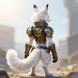 anthropomorphic white lynx fursona wearing steampunk suit, standing with her back to us, with lynx head, tail, paws, by tanidareal, irakli nadar, muggur, intricate clockworks, unreal engine, 3 d render, furry art, trending on furaffinity, gaussian blur, bright sun backlight, white detailed fur, view from behind, thin