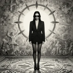 portrait Kim Bassinger as succubus in blazer, standing on carved floor, under sign of life, full body, head straight down, in sun glasses, by artgerm, WLOP