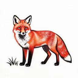 lino cut in black and red of a fox deep in the woods in winter