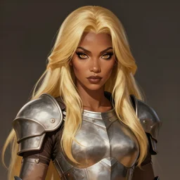 beautiful lady, blonde long hair, practical armor, brown skin, demonic eyes, low fantasy, extremely detailed, sharp focus, smooth, digital illustration, by rossdraws, frank franzzeta, sakimichan