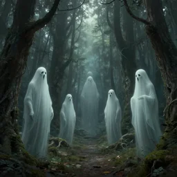 a highly detailed 4 k fantasy matte painting of ghosts in woods, zdzislaw beksinski, artstation, cgsociety, unreal engine