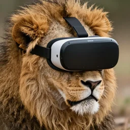 a close up of a lion wearing VR glasses, DSLR photography