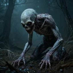 photo of a pale long limed creature lurking, creepy, horror