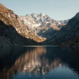 mountains, water, reflections, light and shadow, unreal engine, 8 k, cabin in the distance, abigail larson by sureailabs