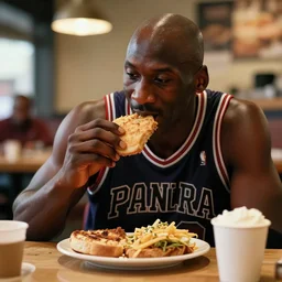 micheal jordan eating at panera bread, hyper realistic, ambient lighting, concept art, intricate, hyper detailed, smooth, volumetric lighting, octane