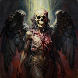 an angel with a skull made of meat and webs for the head, megalophobia, dramatic lighting, cinematic, organic painting, dark, bold shapes, by greg rutkowski, by satoshi kon, by caravaggio, trending on artstation, dramatic lighting, horror, blood, god rays, angelical