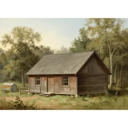 Woodcutter Cabin in 1750,viewed by Thoreau, in the style of the Hudson River School