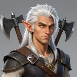 Male Halfling with white hair, light brown skin and golden eyes character art, with two axes on his back, D&D, high detail