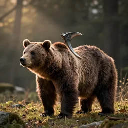 a bear that has an axoral on its back. mem