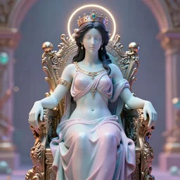 soft greek female sculpture of a beautiful black haired woman with pale skin and a crown on her head sitted on an intricate metal throne by james jean in pastel colors. artwork by tooth wu and wlop and beeple and dan mumford and greg rutkowski and nekroxiii. halo. octane render, cinematic, hyper realism, octane render, 8 k, depth of field, bokeh. iridescent accents. vibrant,