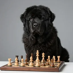 An award winning photograph of a black newfoundland dog, looking intelligent, playing chess, studio lighting, medium shot, Sigma 85mm, 8k