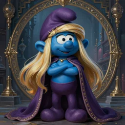 a portrait of smurfette as a sorceress, urban motifs, intricate, elegant, highly detailed, digital painting, trending on artstation, concept art, smooth sharp focus, illustration, art by artgerm and greg rutkowski