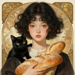 beautiful cottagecore of a girl with short black curly hair, round face, cute face, holding a loaf of bread. There's also a black cat on her shoulder. intricate, elegant. highly detailed, digital painting, artstation, concept art, smooth, sharp, focus, illustration. . art by artgerm and greg rutkowski and alphonse mucha