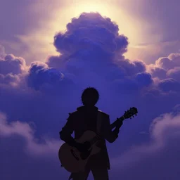 A slightly silhouetted figure of a man with a guitar, clouds that look like mountains high in the sky, the clouds are a deep blue purple color with the sun blazing behind the clouds, deep focus, D&D, fantasy, intricate, elegant, highly detailed, digital painting, artstation, concept art, matte, sharp focus, illustration, hearthstone, art by Andreas Rocha and Esao Andrews
