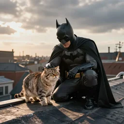 Batman petting his Pallas cat on a rooftop, by Emmanuel Lubezki
