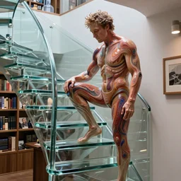 michael mcintyre made of glass on staircase at livraria lello, real life skin, intricate, highly detailed, artstation, concept art, smooth, sharp focus, art by artgerm and greg rutkowski