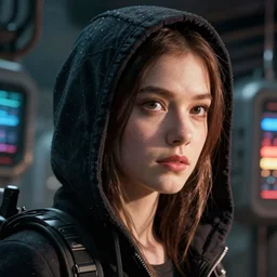video game movie of a cyberpunk hacker closeup portrait in high tech compound artstation by Emmanuel Lubezki