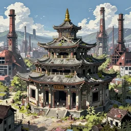 a beautiful hyperdetailed anime illustration of building shrine unfinished building abandoned industrial architecture architecture city by adolf loos, scumm bar retrowave apocalyptic at spring san andreas fantasy bioshock, archdaily, wallpaper, highly detailed, trending on artstation.