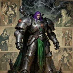 composition of gothic and futuristic, warhammer, cyber armor, more and more scars, storm, purple hair, green, the middle ages, highly detailed, artstation, in the style of moebius, jugendstil and classic japanese print, art by jean delville and rene magritte