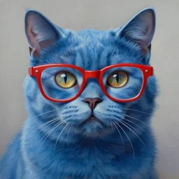 a detailed oil painting of a blue cat with red glasses, anthropomorphic, digital painting, detailed, high - resolution, trending on art station, award winning,