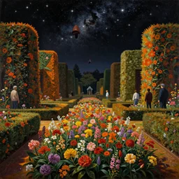a beautiful painting of a large perfectly cut hedge garden a field of flowers by moebius, underneath a star filled night sky, harold newton, zdzislaw beksinski, donato giancola, warm coloured, gigantic pillars and flowers, maschinen krieger, beeple, star trek, star wars, ilm, atmospheric perspective