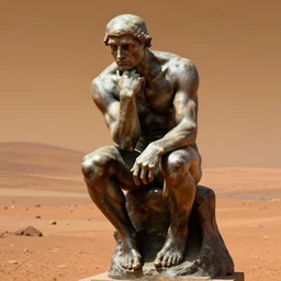 Dr. Manhattan contemplating life on mars, in the style of the The Thinker statue, 8k photograph