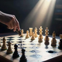 chessboard with white cells being water and black cells being black holes, pieces are human