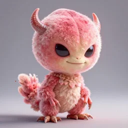 an alien with a face that looks like a fuzzy peach the peach is fuzzy pink warm and ripe the alien has horns and a mean smile the alien has chicken feet cruel smile, 4k, highly detailed, high quality, amazing, high particle effects, glowing, majestic, soft lighting, flat background