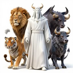 high intricate full shot of a anthropomorphic druid in a white robe, lion, tiger, wolf, bull, demon, covered in blood, maria panfilova, andrea savchenko, mike kime, ludovic plouffe, qi sheng luo, oliver cook, makoto shinkai, trending on artstation
