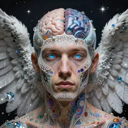 realistic extremely detailed 3d fractal lace 3d skin photo style portrait painting of an average angel man with exposed clear brain , retro futuristic ,water , style hybrid mix of  beeple,Jean Delville, Amano,Yves Tanguy, Alphonse Mucha, Ernst Haeckel, Edward Robert Hughes,Stanisław Szukalski and  Roger Dean, rich moody colors,diamond dust glitter and sparkles,krypton ion,blue eyes,octane render,4k,f32