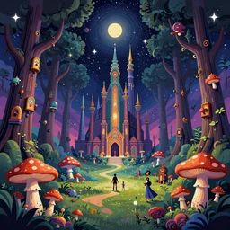 steampunk sancturay, enchanted cosmic forest, mushrooms on the ground, stars in the sky, psychedelic, wide angle shot, vector art, optical illusion, heavenly, 4 k, fantasy poster by helen huang and frank frazetta and salvador dali