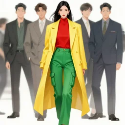 illustration of supermodel wearing a red top, green cargo pants, long tailored yellow coat byartgerm, siwoo kim, jason chan, kim jung gi, intricate detailed
