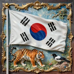 korean flag on a flagpole, large diorama, 3 d colorful resin painting, baroque style painting backdrop, tiger, magpie, light refraction, light reflection, real porcelain texture effect,