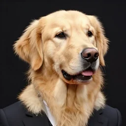 a golden retriever with the head of tom cruise wearing a suit
