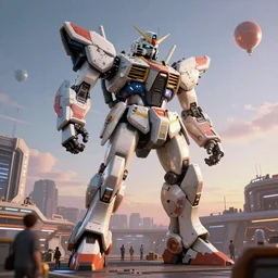 a beautiful hyperrealistic ultradetailed 3 d render of a gigantic mecha guarding a sci - fi spaceport, by ian mcque : 3, mech, unreal engine, octane render, gigantic, unreal engine, octane render, 3 d, brilliantly coloured, intricate, ultra wide angle, trending on artstation, dusk, volumetric lighting, hdr, polished, micro details, ray tracing, 8 k : 2, people, sphere, balloon, blurry, blur, depth of field, dof, bokeh, obscured, macro : - 1