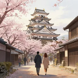 walking around obi castle!! town!, miyazaki, japan. volumetric lighting, autumn, late afternoon, ( cherry blossom trees ), nice slightly overcast weather, realistic illustration, perfectly shaded, soft painting, art by krenz cushart and wenjun lin