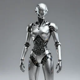 a cybernetic being with extremely refined alloys and a mask - like face, there is an aluminum texturing, full body front and side view, alan bean and giger influences