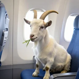 a photo of a goat sitting inside the plane, eating grass, 4k