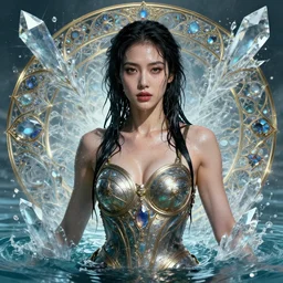 portrait of a beautiful woman wearing a warrior armor, drenched body, wet dripping hair, emerging from the water, fantasy, regal, fractal crystal, fractal gems, by stanley artgerm lau, greg rutkowski, thomas kindkade, alphonse mucha, loish, norman rockwell.