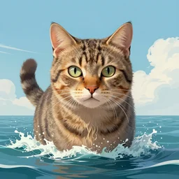 illustration of one giant cat in the middle of the sea by avogado 6, highly detailed