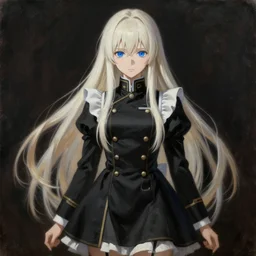 baroque oil painting full body portrait character concept art anime key visual, young female combat maid, long straight platinum blonde hair blue eyes, fine detail symmetrical perfect face studio lighting delicate features directed gaze, black military uniform, gapmoe kuudere grimdark, trending on pixiv fanbox, painted by greg rutkowski makoto shinkai takashi takeuchi studio ghibli