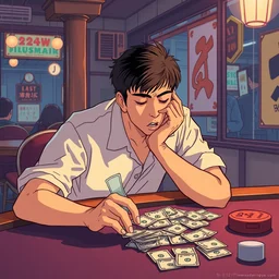 man losing all his money at the poker table, sprite, vaporwave nostalgia, directed by beat takeshi, visual novel cg, 8 0 s anime vibe, kimagure orange road, maison ikkoku, sketch by osamu tezuka, directed by makoto shinkai and beat takeshi