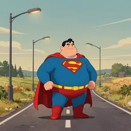 a study of cell shaded cartoon of an obese superman on a country road, street lamps, road, illustration, wide shot, subtle colors, post grunge, concept art by josan gonzales and wlop, by james jean, Victo ngai, David Rubín, Mike Mignola, Laurie Greasley, highly detailed, sharp focus, Trending on Artstation, HQ, deviantart, art by artgem