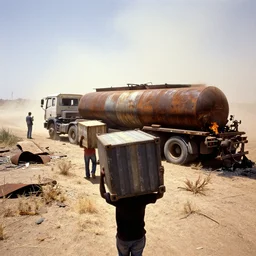 a first person view of people carrying containers, waiting beside a leaking rusty tanker trucks, rusty and burning objects and scrap metal pieces scattered, sparse dried vegetation, record hot heatwave, blinding sun, dust storm in the horizon, reporter, live footage, ektachrome photo, sebastiao salgado in color,