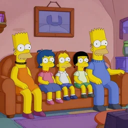 the simpsons family sitting on a couch watching television, pixar art, stylish, john lassiter, cinematic frame, relaxed environment,