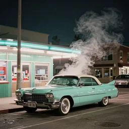 color street view in america of market district at night. a mint cadillac parked outside diner, from 1 9 7 6, california. liminal space. scorsese, kodachrome, fred herzog. steam lit up, fog. 1 0 0 mm lens. low saturation, winter. detailed sharp photograph shot on hasselblad medium format cinestill film