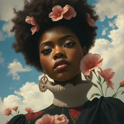 close - up fashion afro woman portrait airy flowers cloudy sky art by vasnetsov