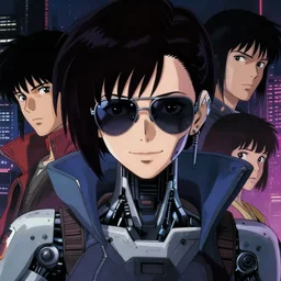 a film still of a japanese cyberpunk cyborg android hacker girl with a smirk, finely detailed features, cyborg robot parts, aviators, closeup at the faces, dramatic cinematic, at cyberpunk city, ghost in the shell, akira, odeo, cinematic lighting, in danger, noir, trending on pixiv fanbox, painted by greg rutkowski makoto shinkai takashi takeuchi craig mullins, otomo, alphonse mucha, studio ghibli, pixiv