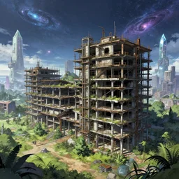 a beautiful detailed anime illustration of nature barracks unfinished building building city industrial architecture abandoned urbex by ludwig mies van der rohe, galactic biopunk atlantis azeroth futuristic fantasy wilderness bladerunner 2 0 4 9 crystal, archdaily, wallpaper, highly detailed, trending on artstation.