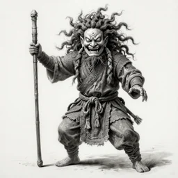 a high hyper - detailed painting with complex textures, of an oriental shaman with tangled hair and a terrifying mask, wears a tunic vs. barefoot and has a cane, he is performing a ritual to access the world of imagination and dreams, cosmic horror spiritual visionsrio psicodelico weird bizarre art